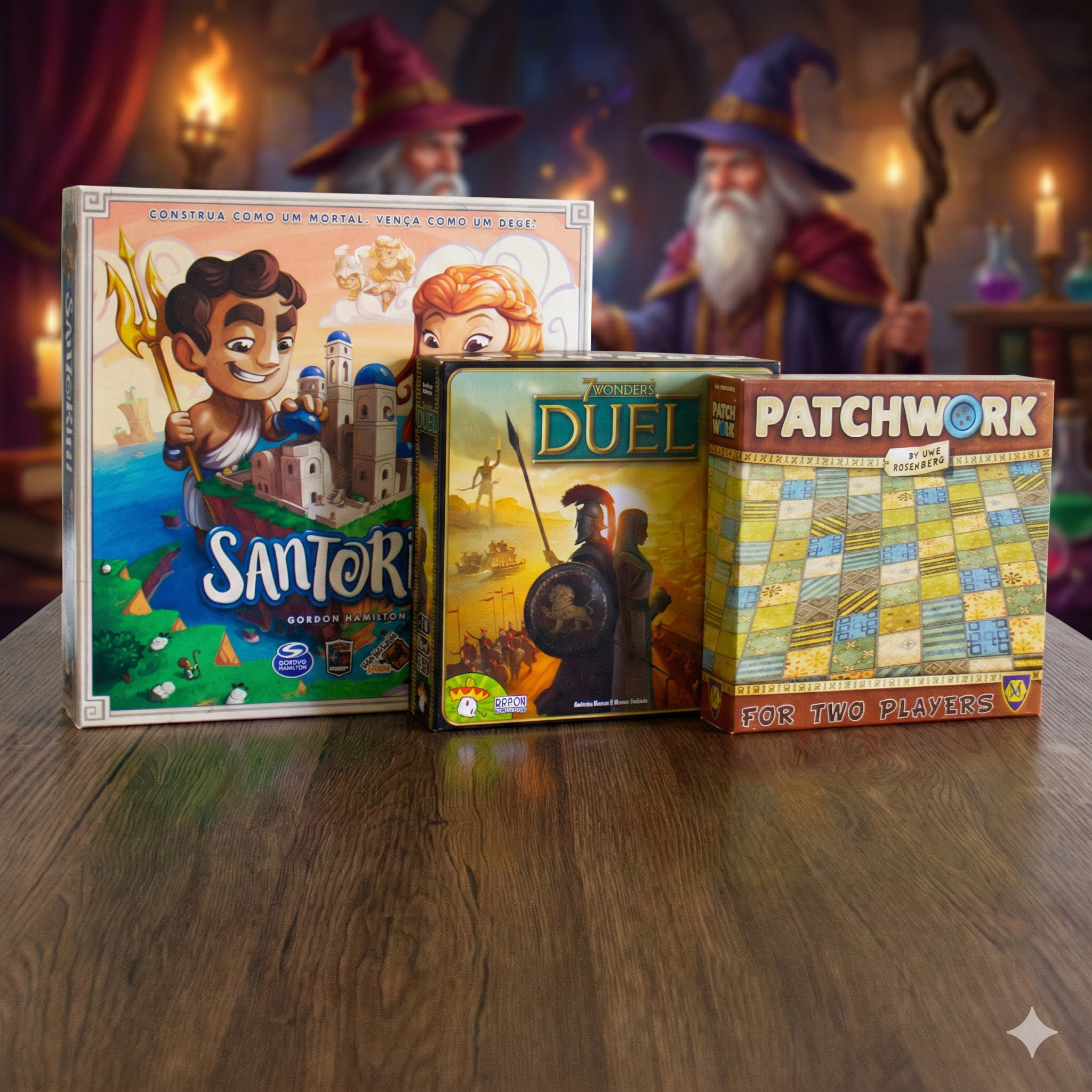 Kit para 2 - Duelo de Pensadores: 7 Wonders Duel, Santorini e Patchwork